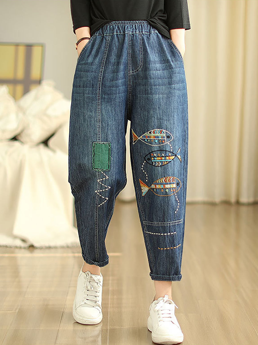 Women Summer Casual Fish Embroidery Denim Harem Pants AS1043 Ada Fashion