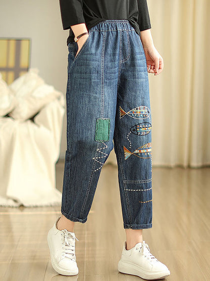 Women Summer Casual Fish Embroidery Denim Harem Pants AS1043 Ada Fashion