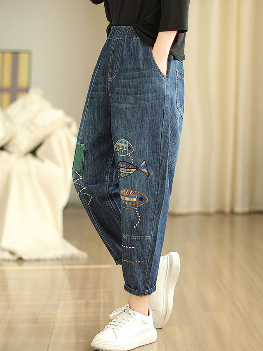 Women Summer Casual Fish Embroidery Denim Harem Pants AS1043 Ada Fashion