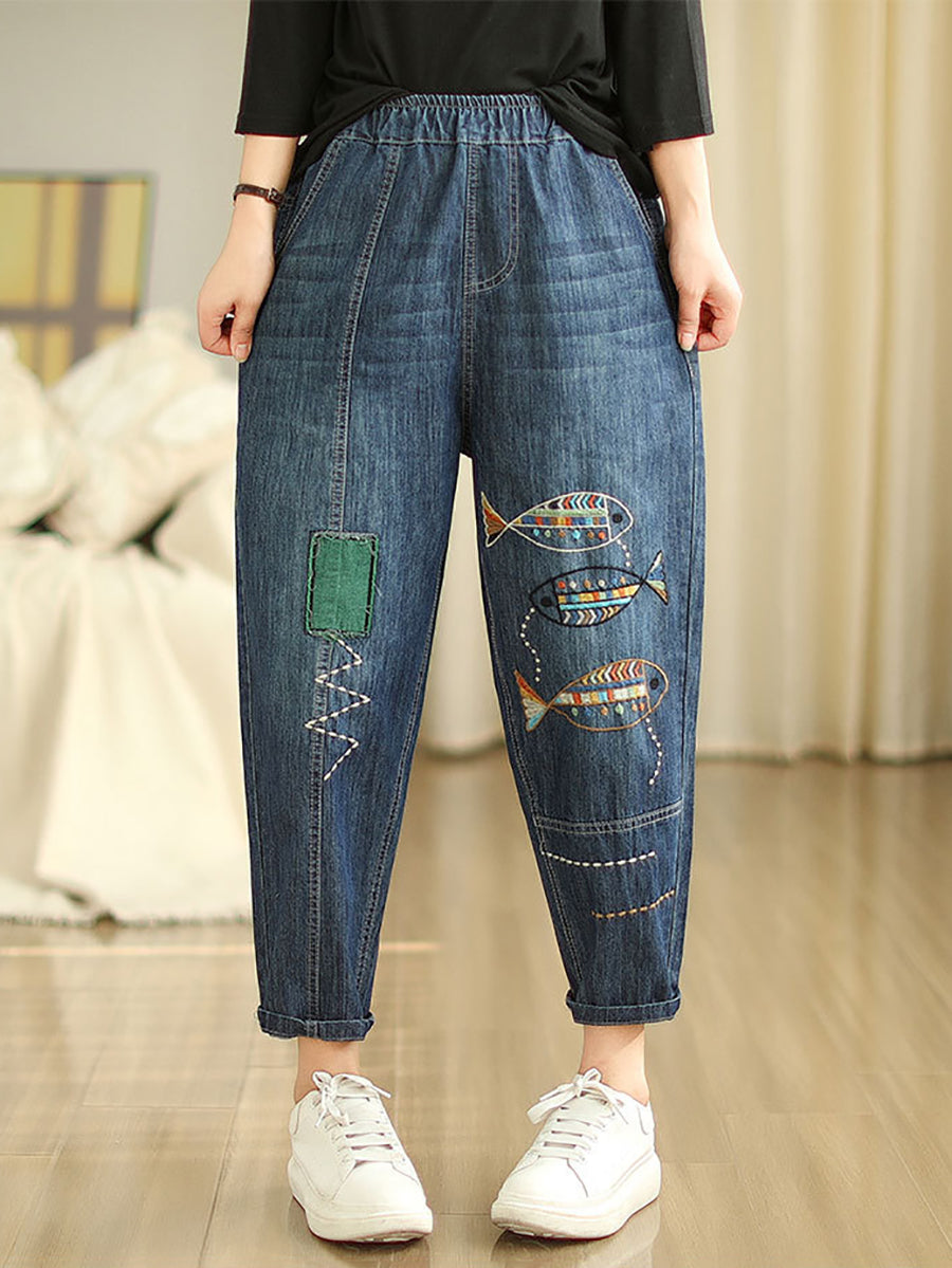 Women Summer Casual Fish Embroidery Denim Harem Pants AS1043 Ada Fashion