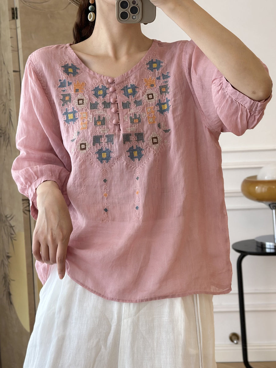 Women Summer Ethnic Embroidery Ramie Shirt AS1047 Ada Fashion