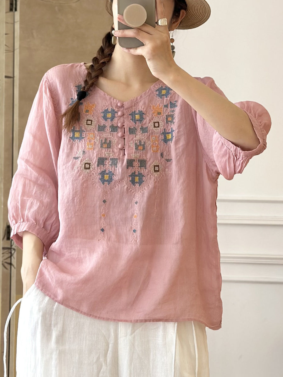 Women Summer Ethnic Embroidery Ramie Shirt AS1047 Ada Fashion