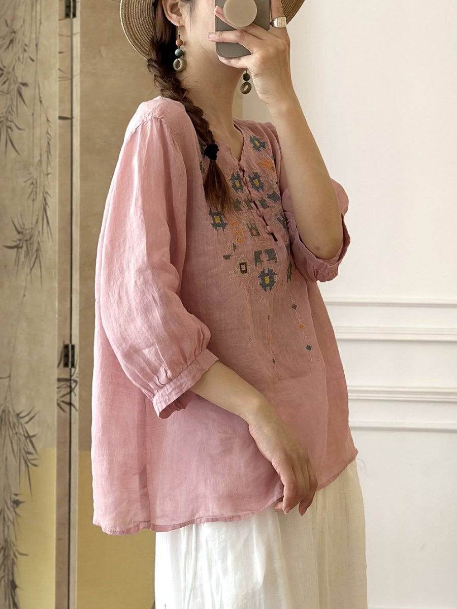 Women Summer Ethnic Embroidery Ramie Shirt AS1047 Ada Fashion