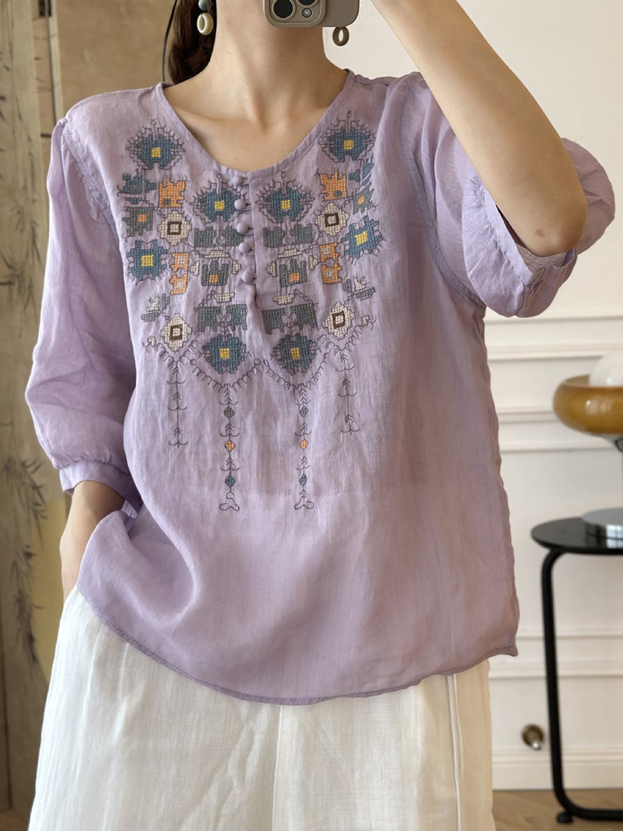 Women Summer Ethnic Embroidery Ramie Shirt AS1047 Ada Fashion