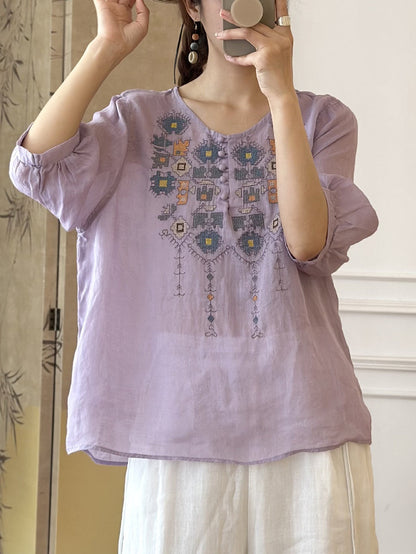 Women Summer Ethnic Embroidery Ramie Shirt AS1047 Ada Fashion