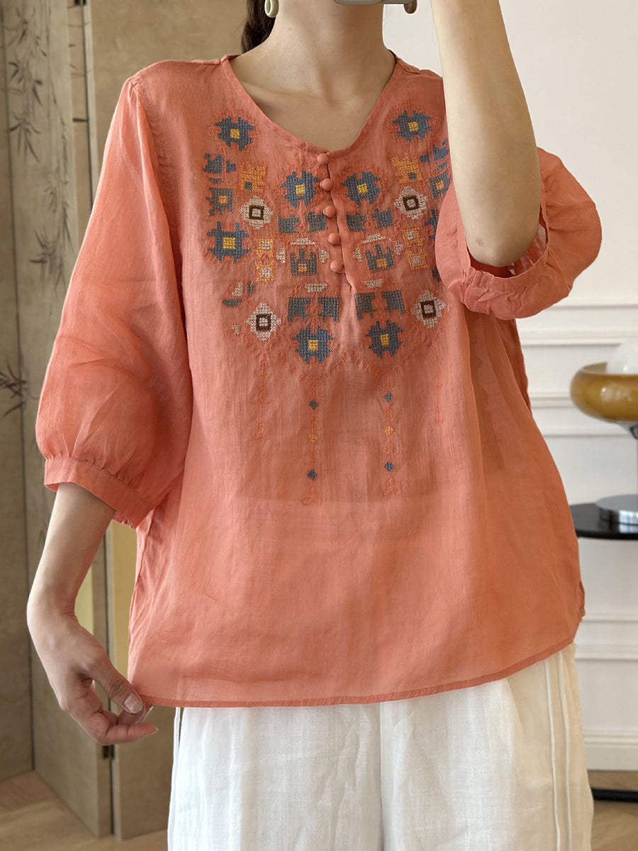 Women Summer Ethnic Embroidery Ramie Shirt AS1047 Ada Fashion