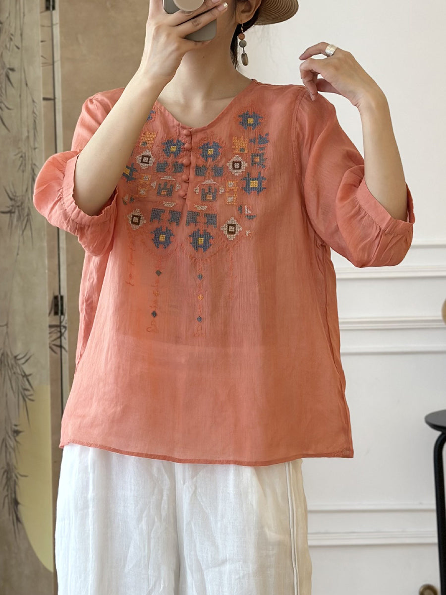 Women Summer Ethnic Embroidery Ramie Shirt AS1047 Ada Fashion