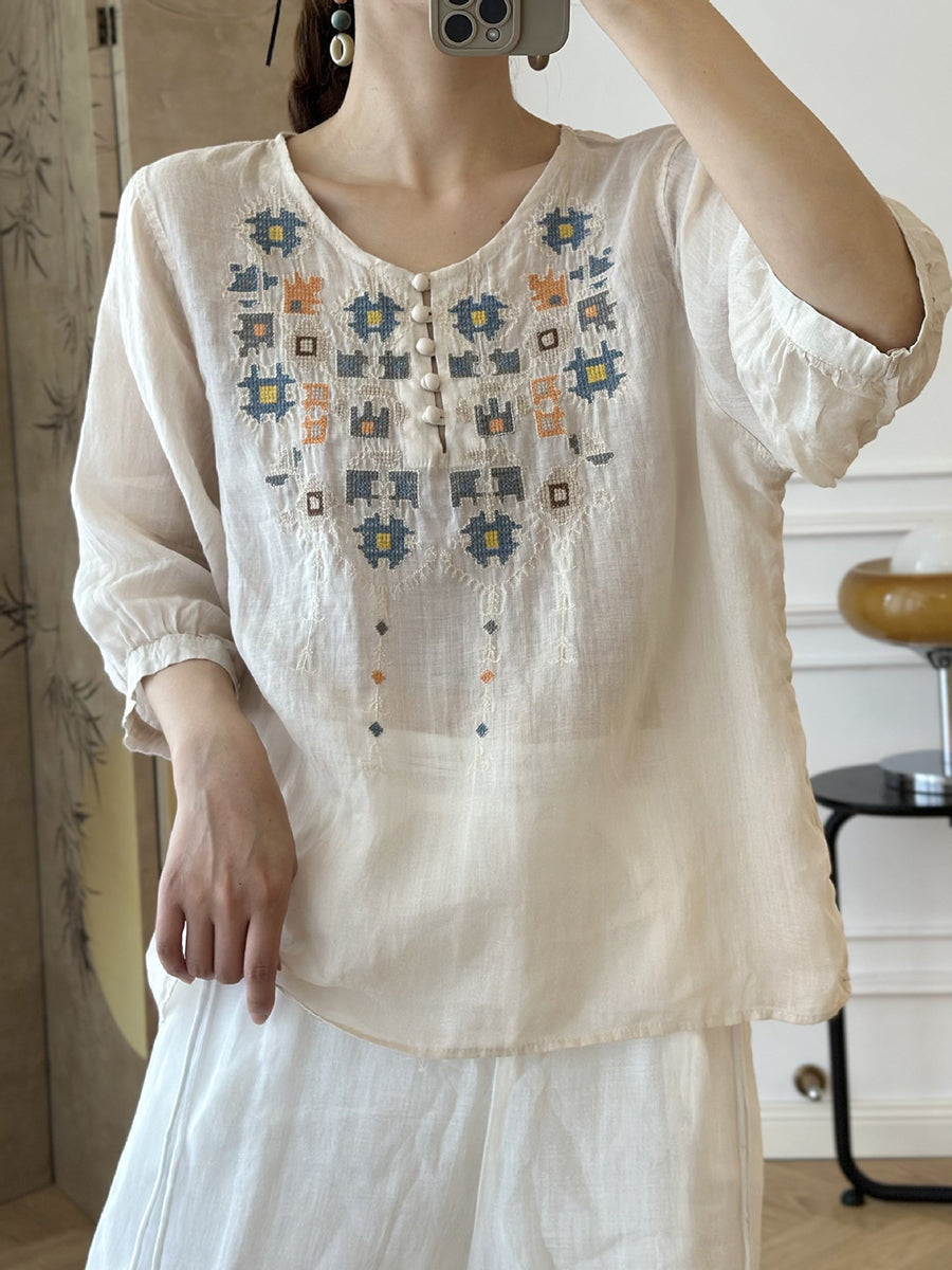 Women Summer Ethnic Embroidery Ramie Shirt AS1047 Ada Fashion