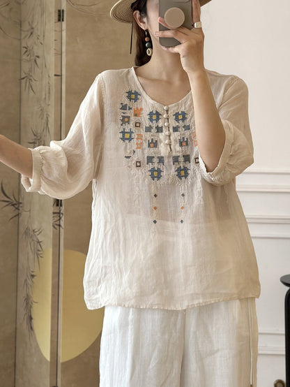 Women Summer Ethnic Embroidery Ramie Shirt AS1047 Ada Fashion