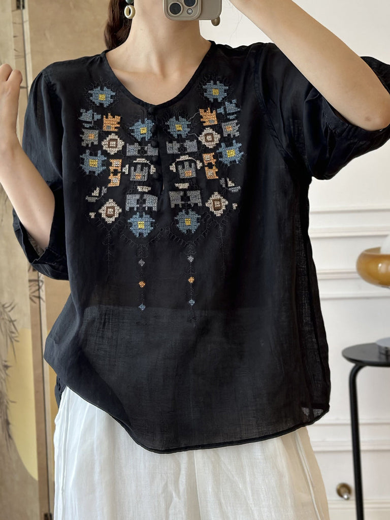 Women Summer Ethnic Embroidery Ramie Shirt AS1047 Ada Fashion