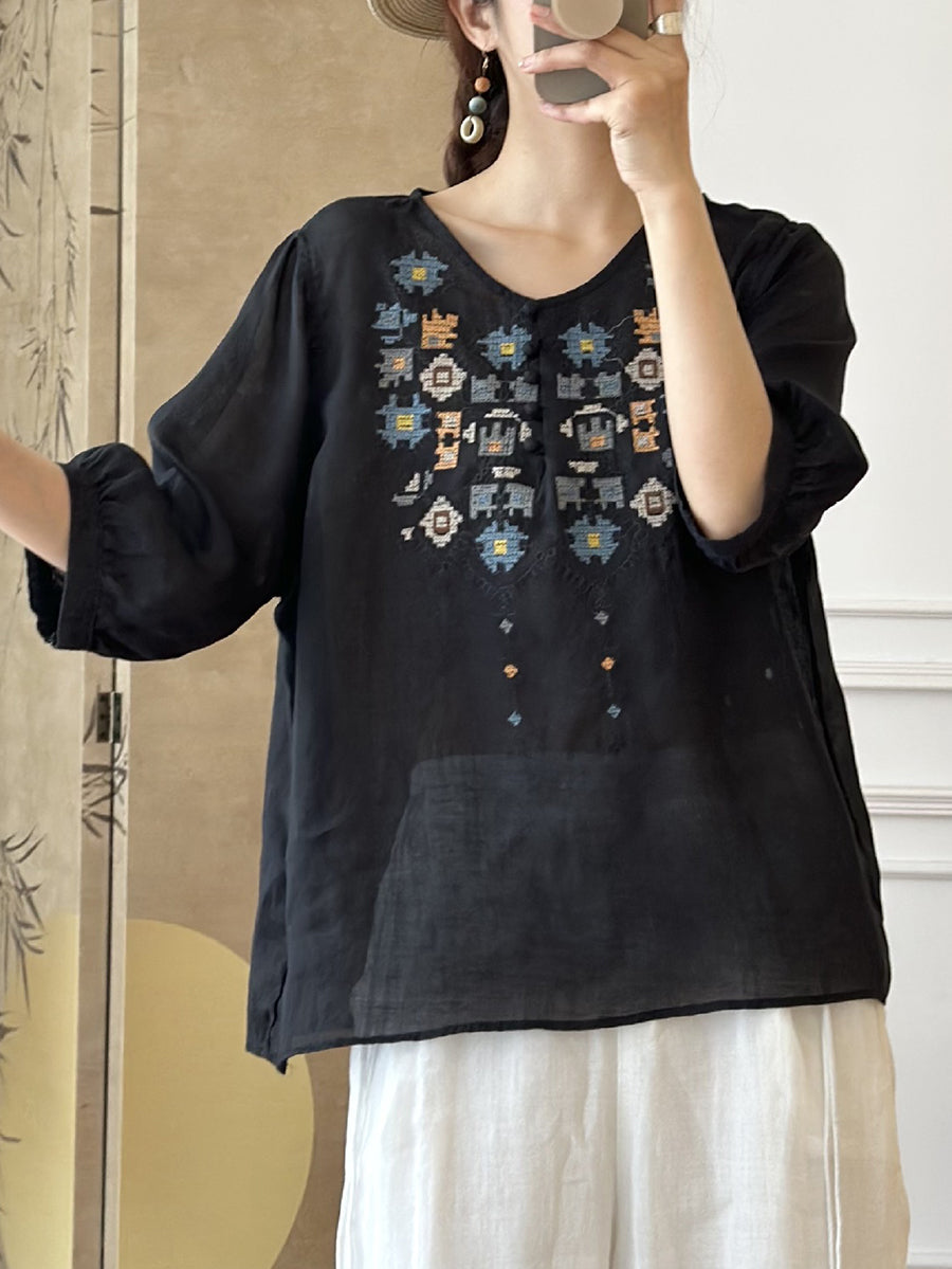 Women Summer Ethnic Embroidery Ramie Shirt AS1047 Ada Fashion