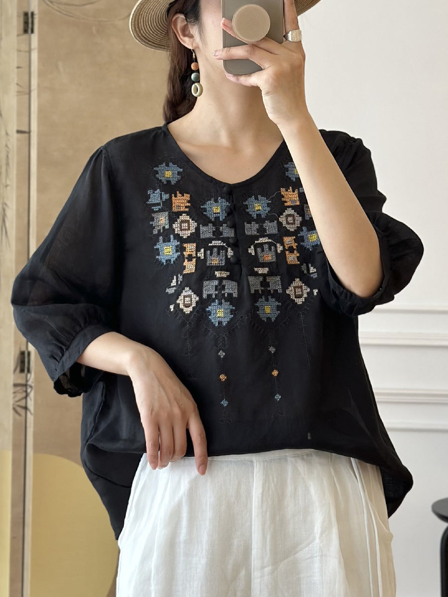 Women Summer Ethnic Embroidery Ramie Shirt AS1047 Ada Fashion