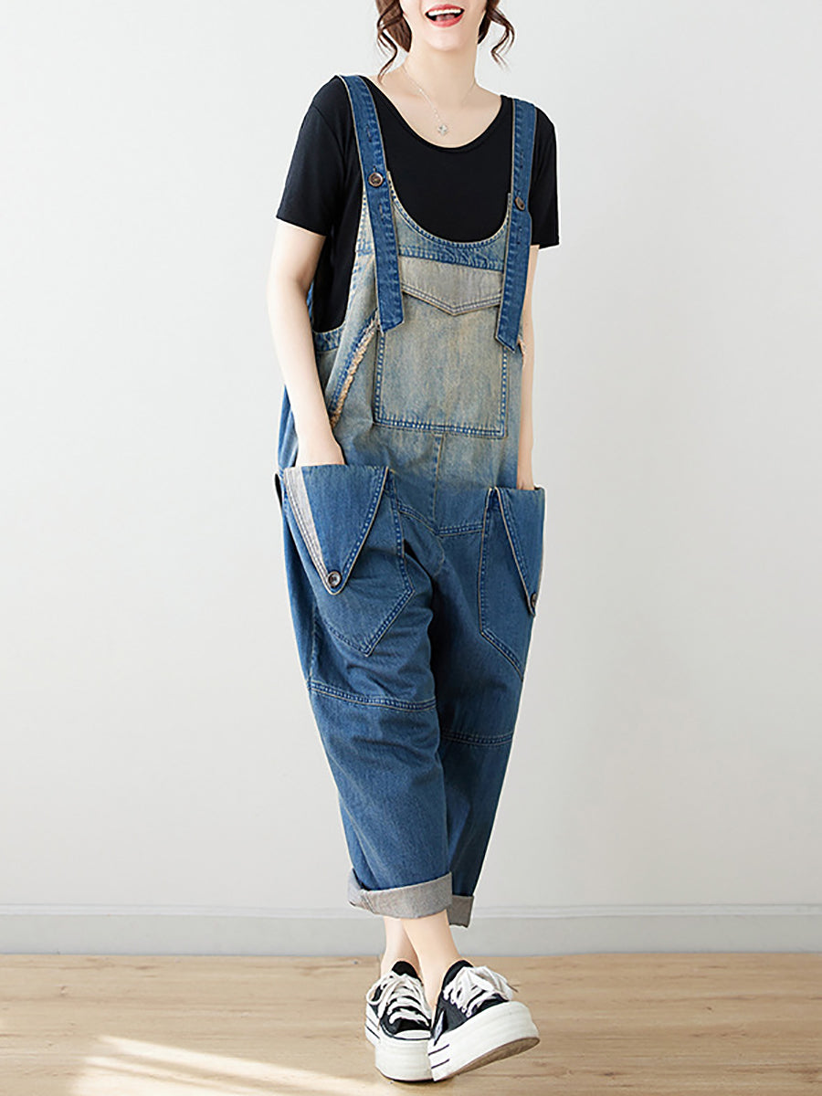 Women Summer Artsy Spliced Washed Denim Jumpsuits AS1050 Ada Fashion