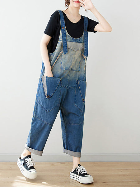 Women Summer Artsy Spliced Washed Denim Jumpsuits AS1050 Ada Fashion