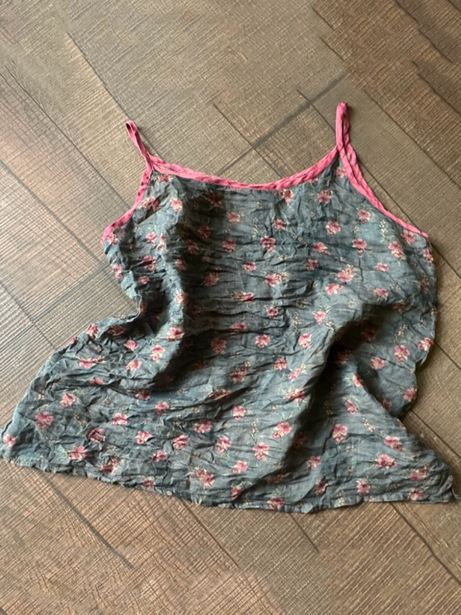 Plus Size Women Summer Vintage Print 100%Ramie Vest PP1052 BUYKUD