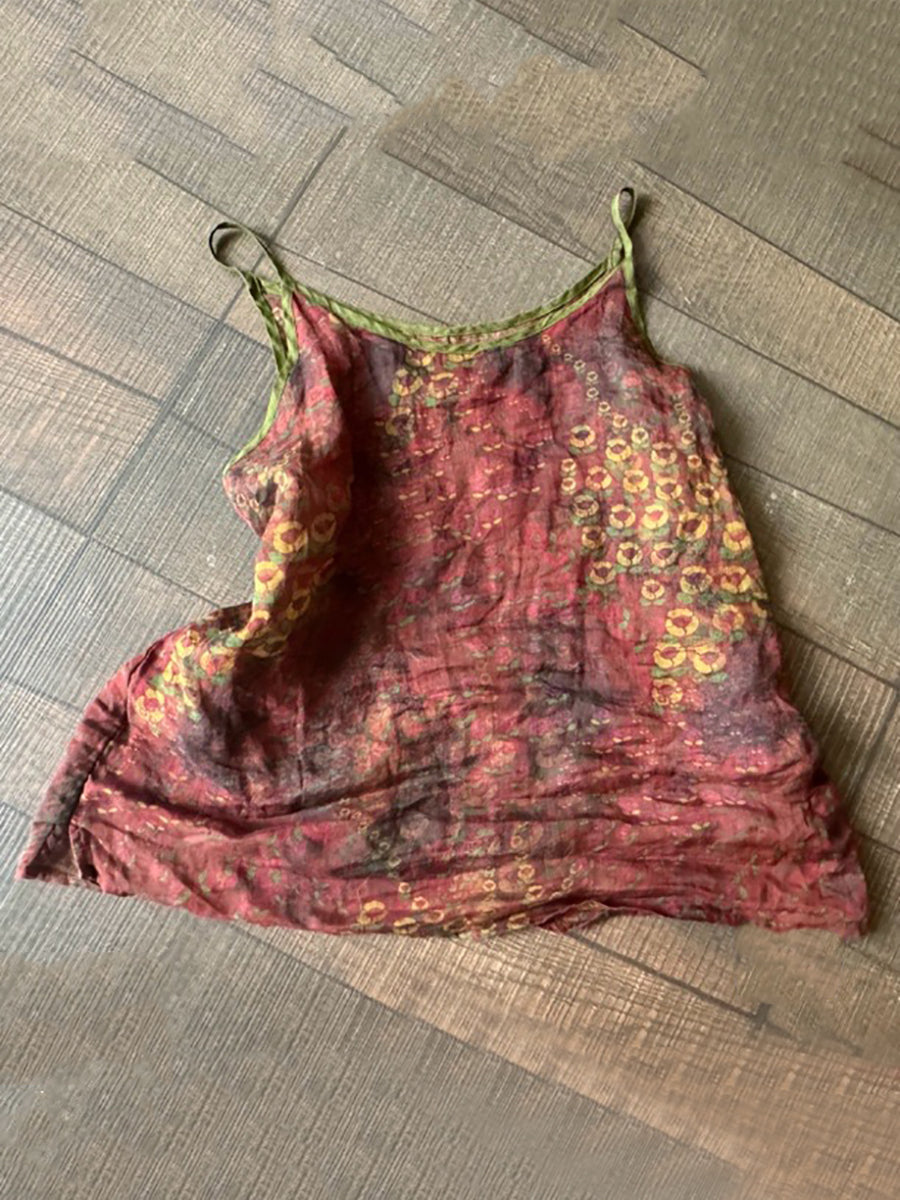 Plus Size Women Summer Vintage Print 100%Ramie Vest PP1052 BUYKUD