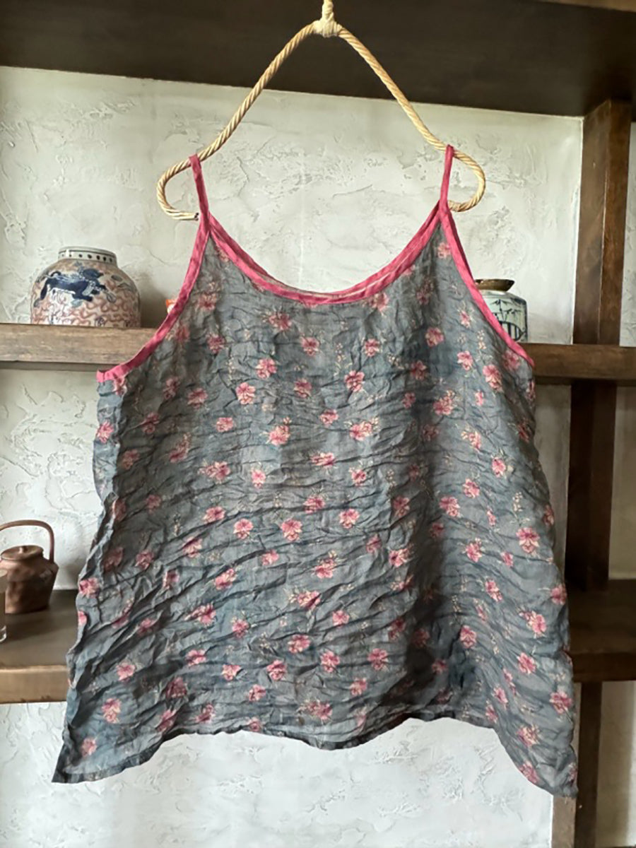Plus Size Women Summer Vintage Print 100%Ramie Vest PP1052 BUYKUD