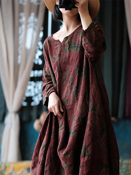 Women Ethnic Flower Worn Loose Long Sleeve Linen Dress AS1058 Ada Fashion