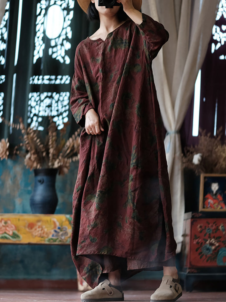 Women Ethnic Flower Worn Loose Long Sleeve Linen Dress AS1058 Ada Fashion