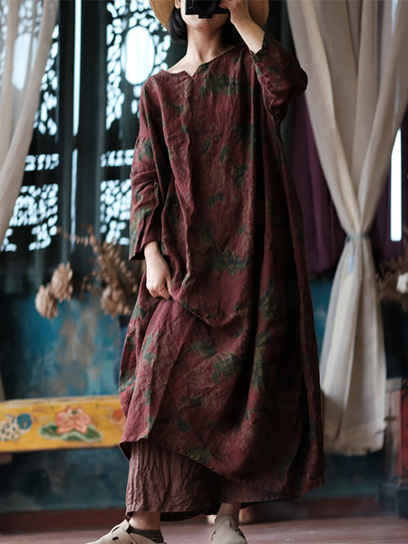 Women Ethnic Flower Worn Loose Long Sleeve Linen Dress AS1058 Ada Fashion