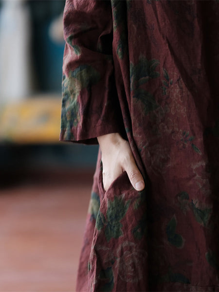 Women Ethnic Flower Worn Loose Long Sleeve Linen Dress AS1058 Ada Fashion