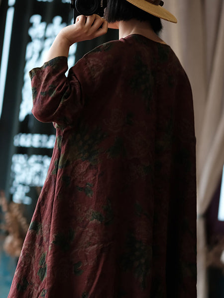 Women Ethnic Flower Worn Loose Long Sleeve Linen Dress AS1058 Ada Fashion