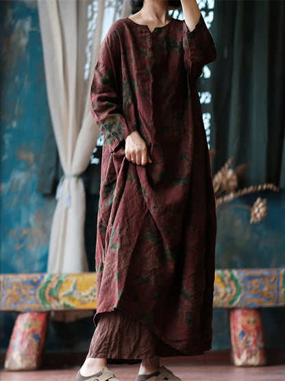 Women Ethnic Flower Worn Loose Long Sleeve Linen Dress AS1058 Ada Fashion