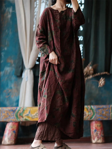 Women Ethnic Flower Worn Loose Long Sleeve Linen Dress AS1058 Ada Fashion