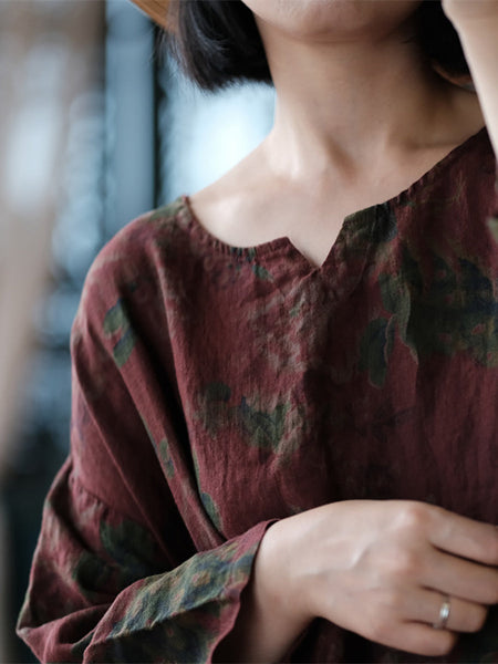 Women Ethnic Flower Worn Loose Long Sleeve Linen Dress AS1058 Ada Fashion