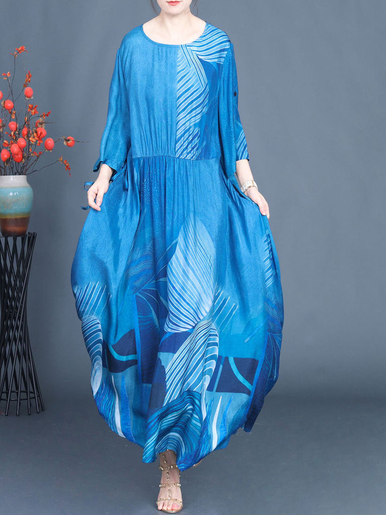 Women Summer Casual Print Blue O-Neck Maxi Dress AS1040 Ada Fashion