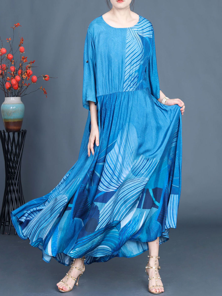 Women Summer Casual Print Blue O-Neck Maxi Dress AS1040 Ada Fashion