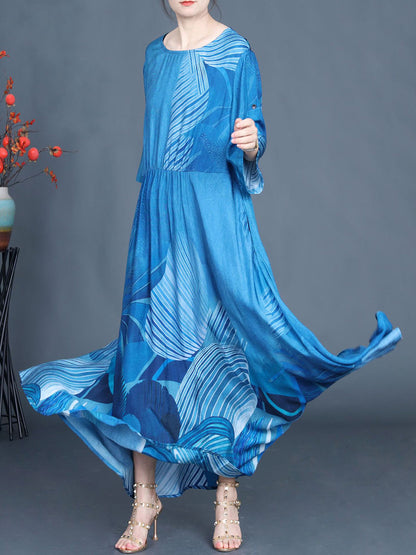 Women Summer Casual Print Blue O-Neck Maxi Dress AS1040 Ada Fashion