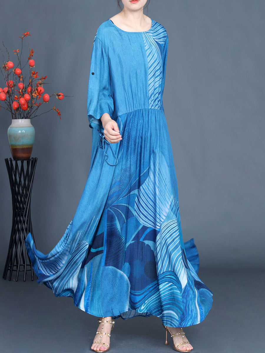 Women Summer Casual Print Blue O-Neck Maxi Dress AS1040 Ada Fashion