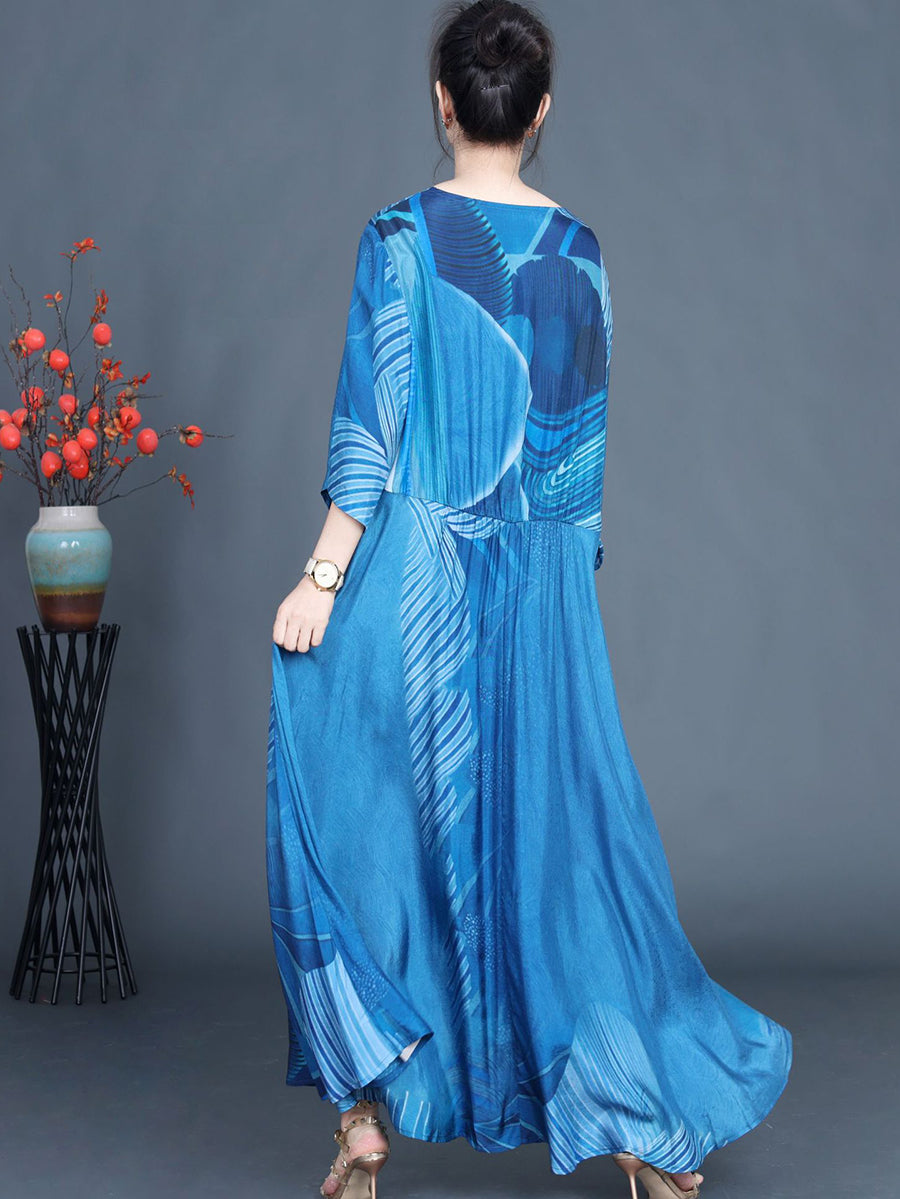 Women Summer Casual Print Blue O-Neck Maxi Dress AS1040 Ada Fashion