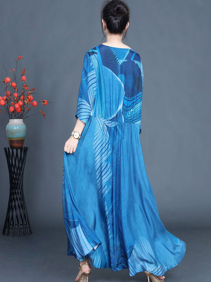 Women Summer Casual Print Blue O-Neck Maxi Dress AS1040 Ada Fashion