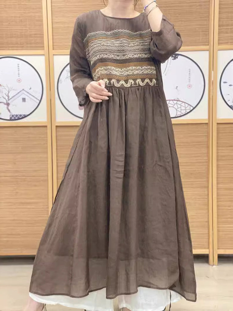 Women Summer Ethnic Spliced O-neck Loose Linen Dress AS1063 Ada Fashion
