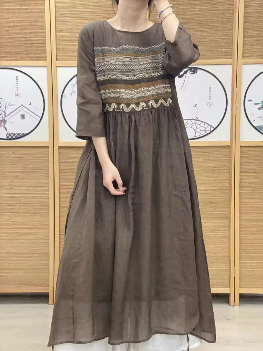 Women Summer Ethnic Spliced O-neck Loose Linen Dress AS1063 Ada Fashion