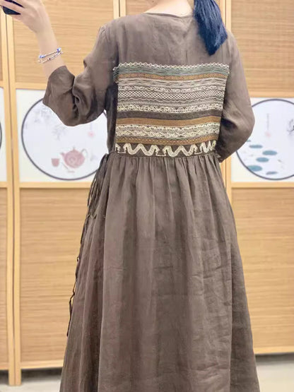 Women Summer Ethnic Spliced O-neck Loose Linen Dress AS1063 Ada Fashion