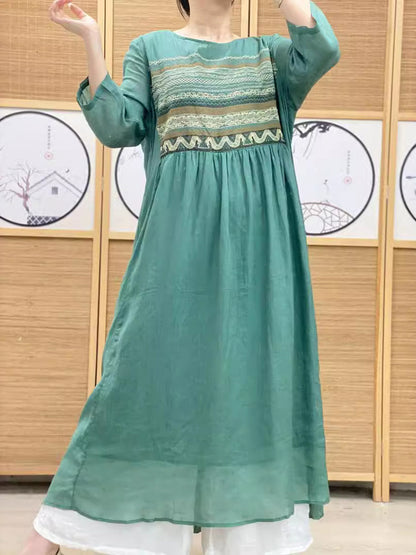 Women Summer Ethnic Spliced O-neck Loose Linen Dress AS1063 Ada Fashion