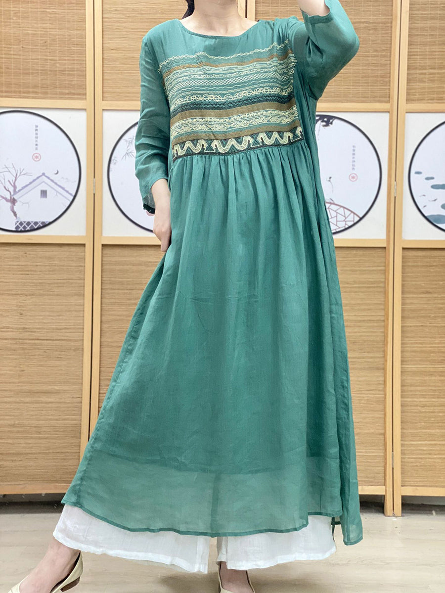 Women Summer Ethnic Spliced O-neck Loose Linen Dress AS1063 Ada Fashion