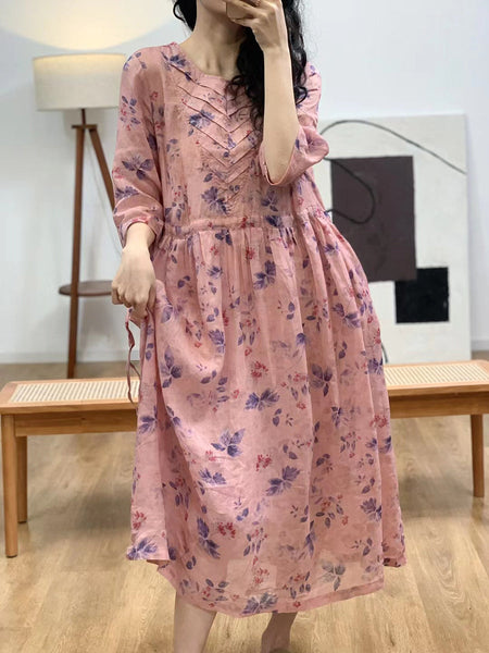 Women Summer Artsy Floral V-neck Shirred Ramie Dress FG1010 Ada Fashion