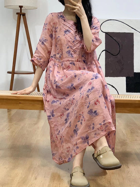 Women Summer Artsy Floral V-neck Shirred Ramie Dress FG1010 Ada Fashion