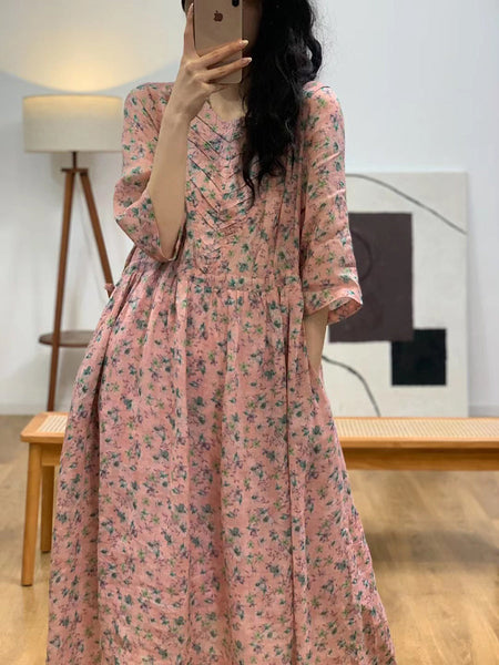 Women Summer Artsy Floral V-neck Shirred Ramie Dress FG1010 Ada Fashion