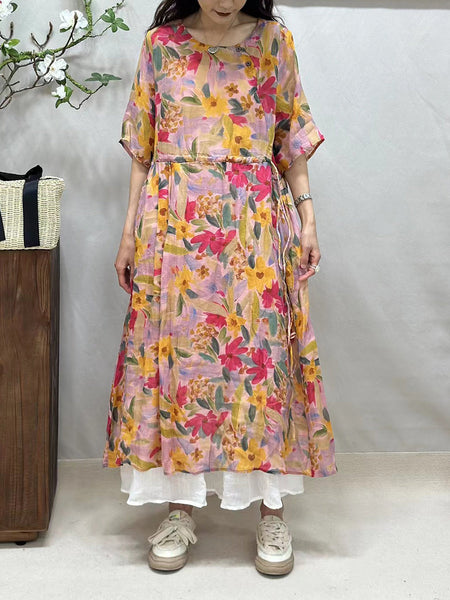 Women Summer Artsy Flower Loose Thin Ramie Dress FG1008 Ada Fashion