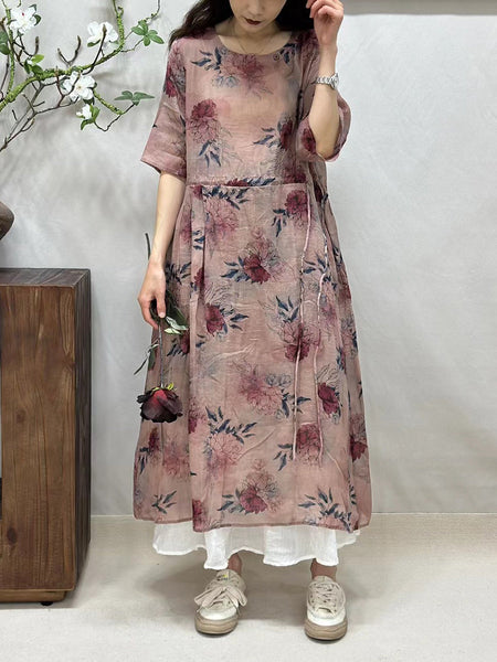 Women Summer Artsy Flower Loose Thin Ramie Dress FG1008 Ada Fashion