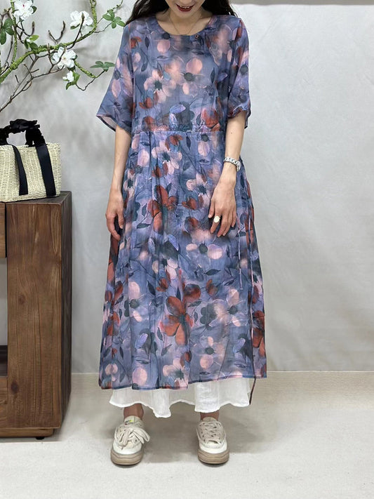 Women Summer Artsy Flower Loose Thin Ramie Dress FG1008 Ada Fashion