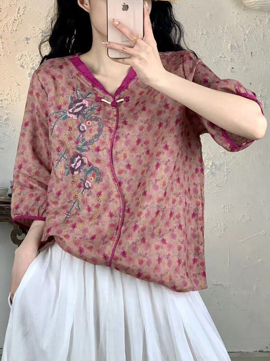 Women Summer Vintage Floral Embroidery Ramie Shirt FG1007 Ada Fashion