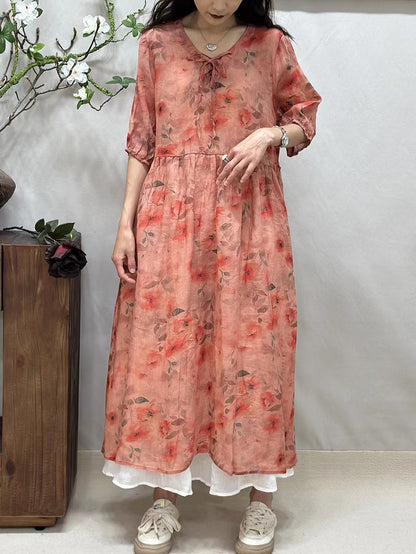 Women Summer Vintage Floral Strap Ramie Loose Dress FG1044 Ada Fashion