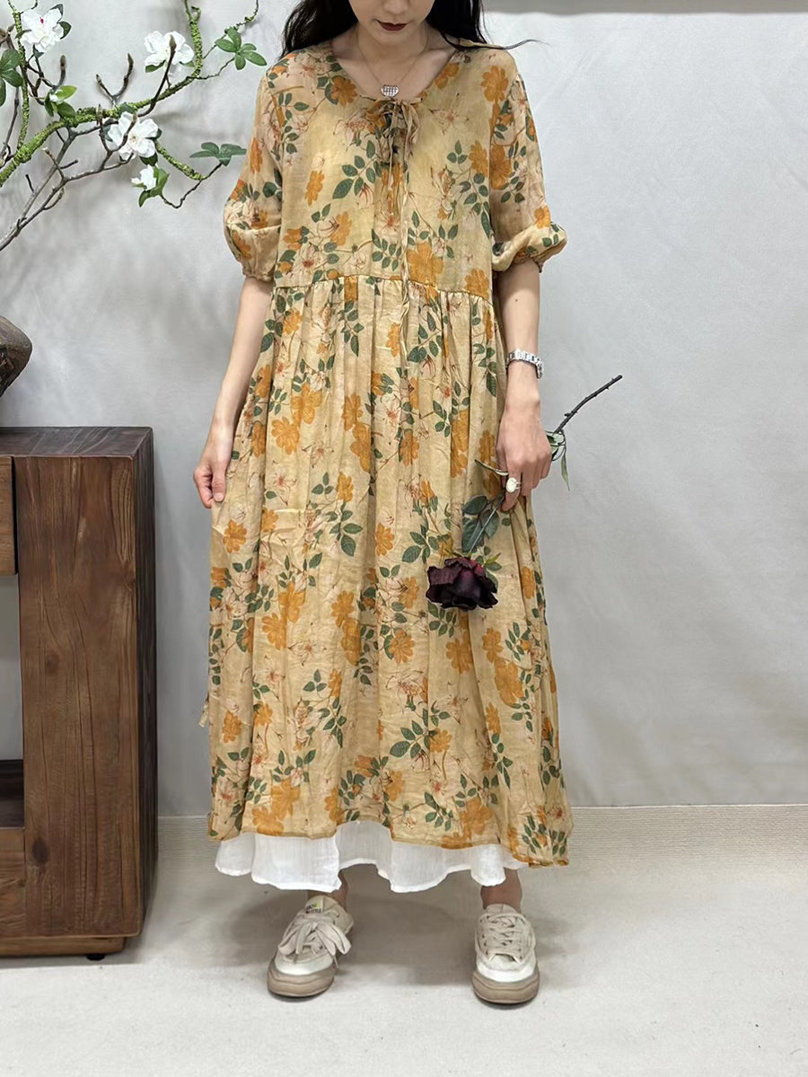 Women Summer Vintage Floral Strap Ramie Loose Dress FG1044 Ada Fashion