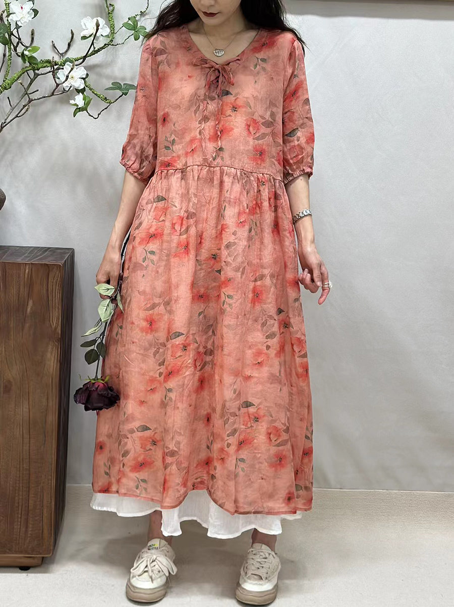 Women Summer Vintage Floral Strap Ramie Loose Dress FG1044 Ada Fashion